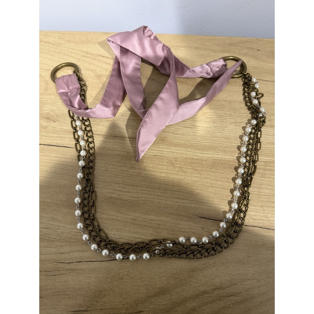Chain Belt One Size Gold Faux Pearl Dress Fashion Waist Beaded Metal 67" Long